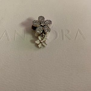 Silver Pandora flowers charm with white enamel and pave
